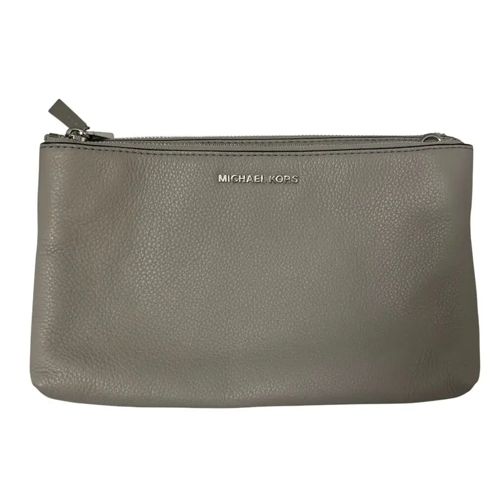 Michael Kors Adele Double Zip Clutch Gray Pebbled Leather Crossbody Bag No Strap